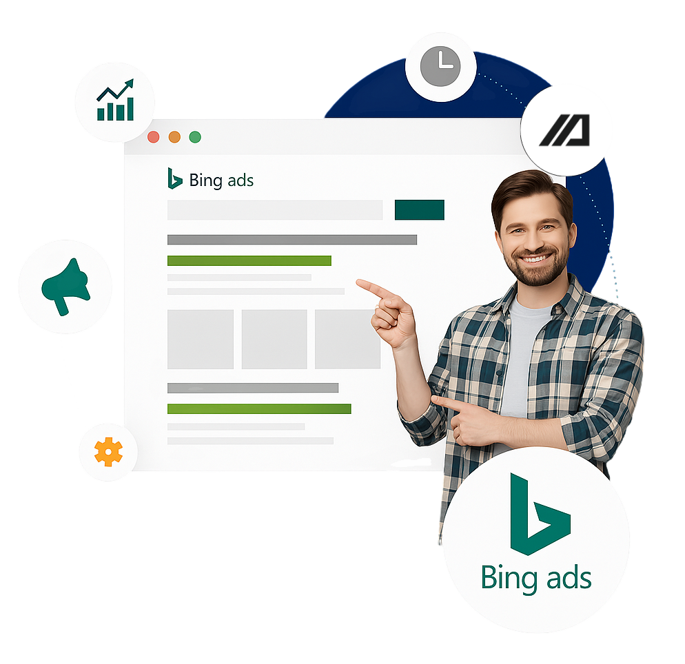 A smiling man in a plaid shirt points to a stylized Bing Ads search results page.