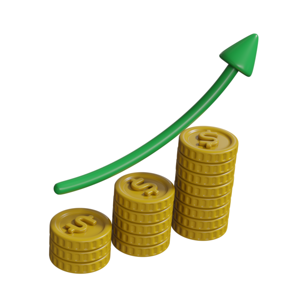 A 3D graphic showing three stacks of gold coins with a green arrow pointing up, representing financial growth.