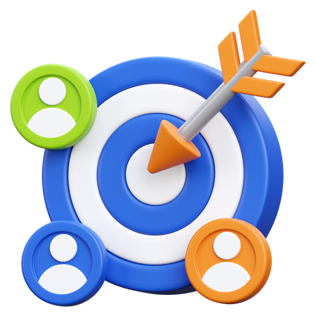 A 3D bullseye with an arrow in the center. Three stylized human figures—green, blue, and orange—are arranged around it.